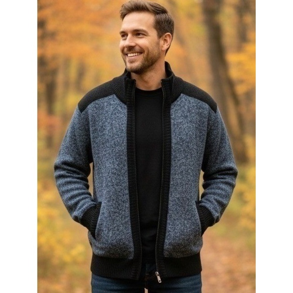 Yeokou Cardigan Sweater Men's Sz M Cashmere Wool Full Zip Plaid Lined Blue Black